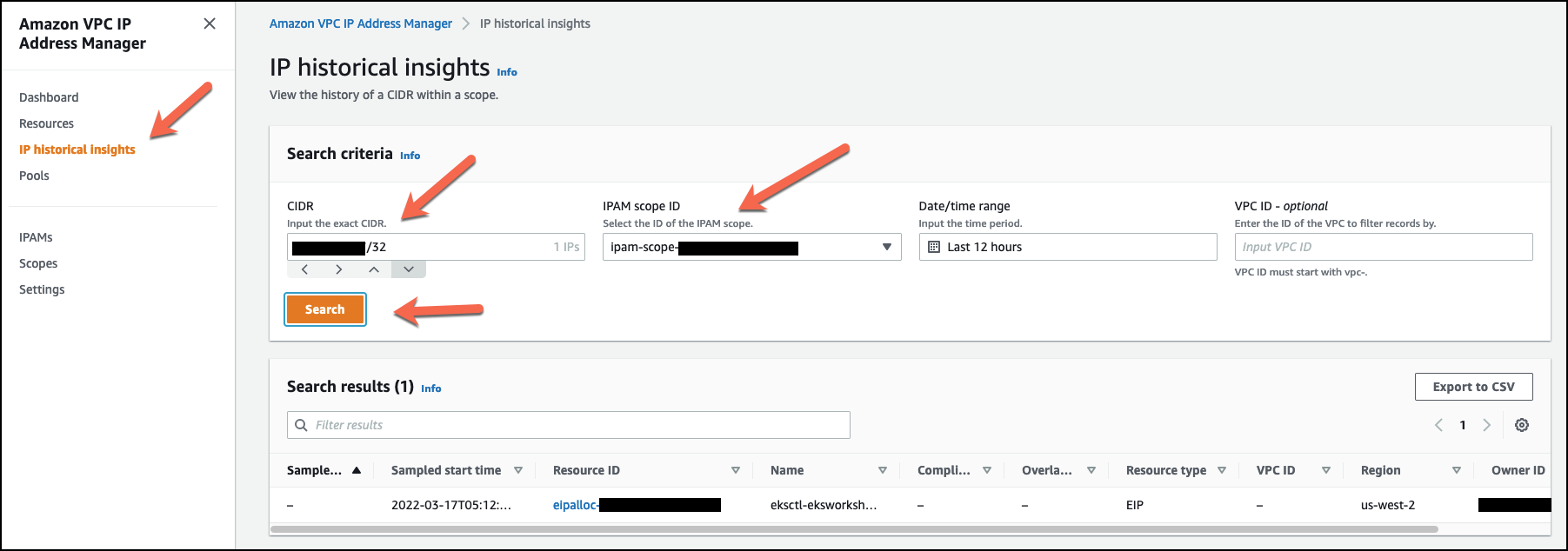 Navigating the IPAM IP historical insights page to search for a CIDR in your multi-account environment.