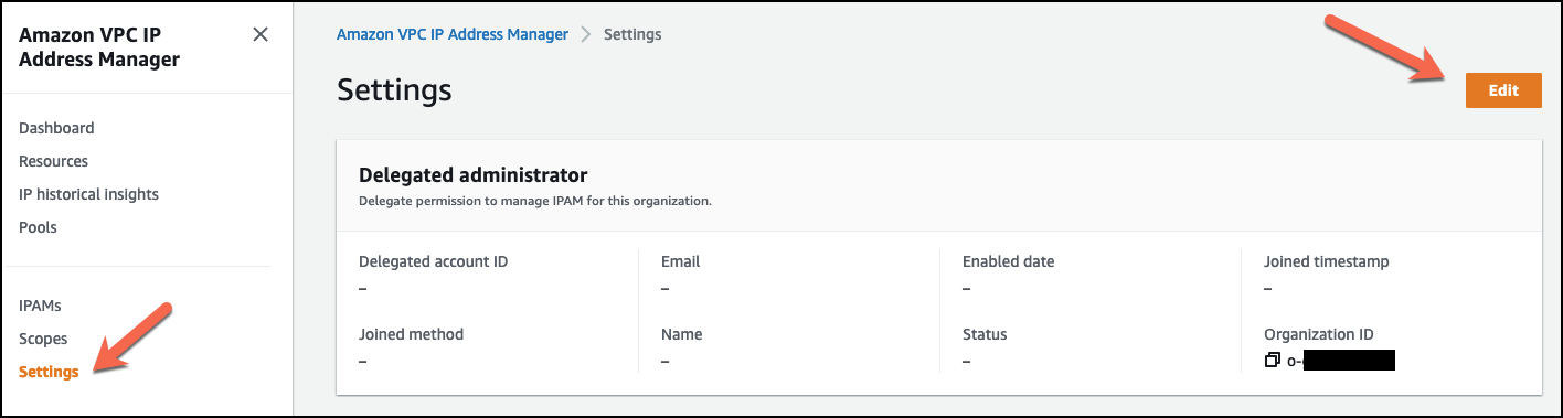 Navigating the IPAM settings page to delegate administrator control to an AWS Organization member account.