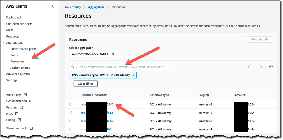 Navigating the AWS Config Resources page to search for NAT Gateways in your multi-account environment.