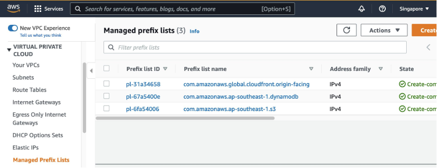 Screenshot of managed prefix lists