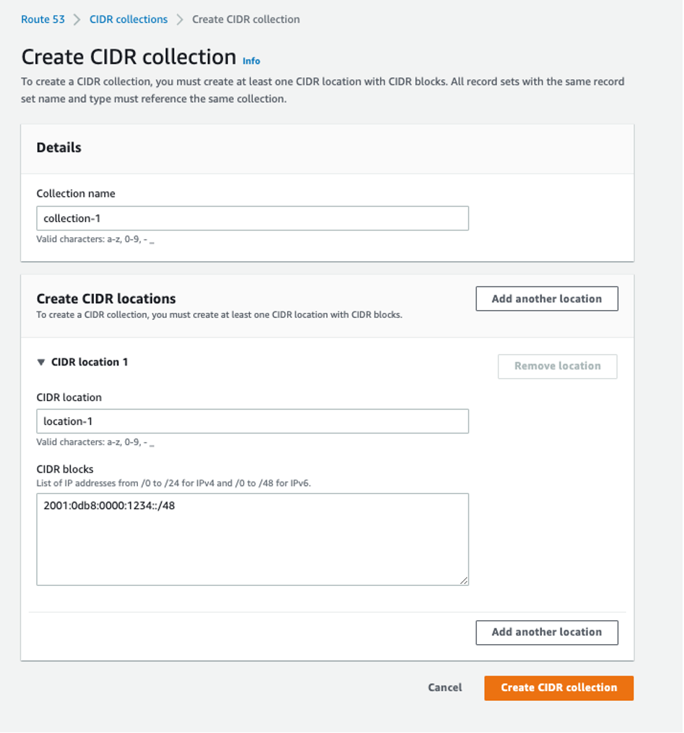 Route 53 console view when creating a CIDR collection
