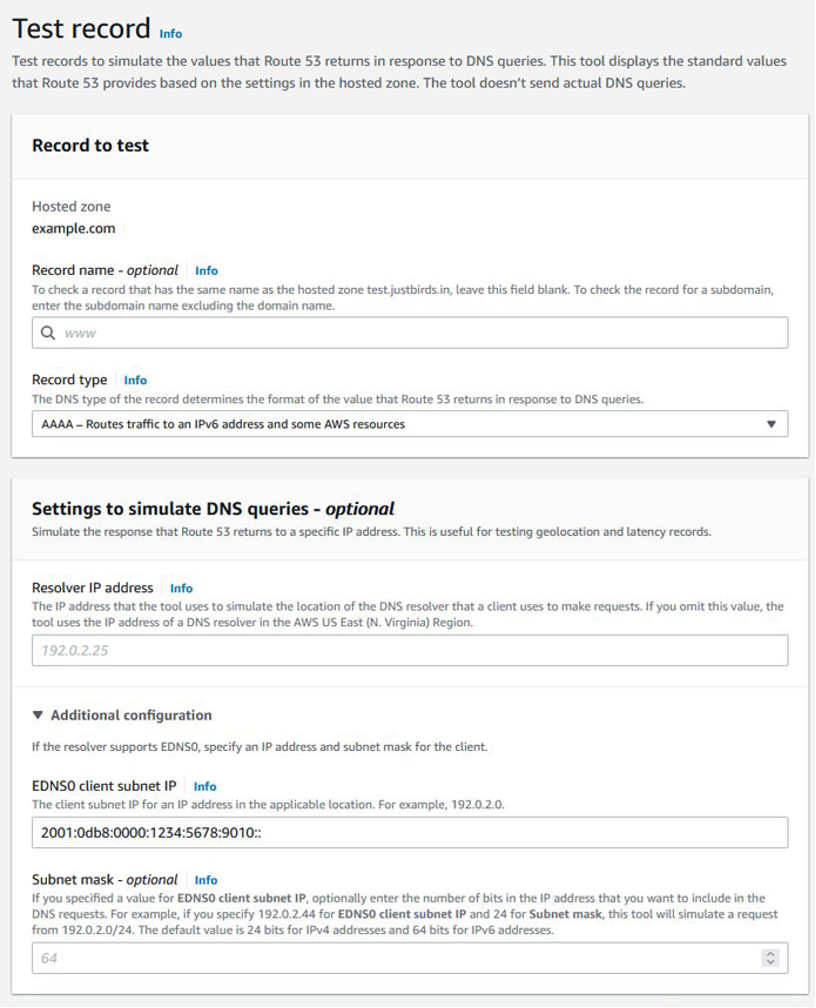 Display of the Route 53 test record tool