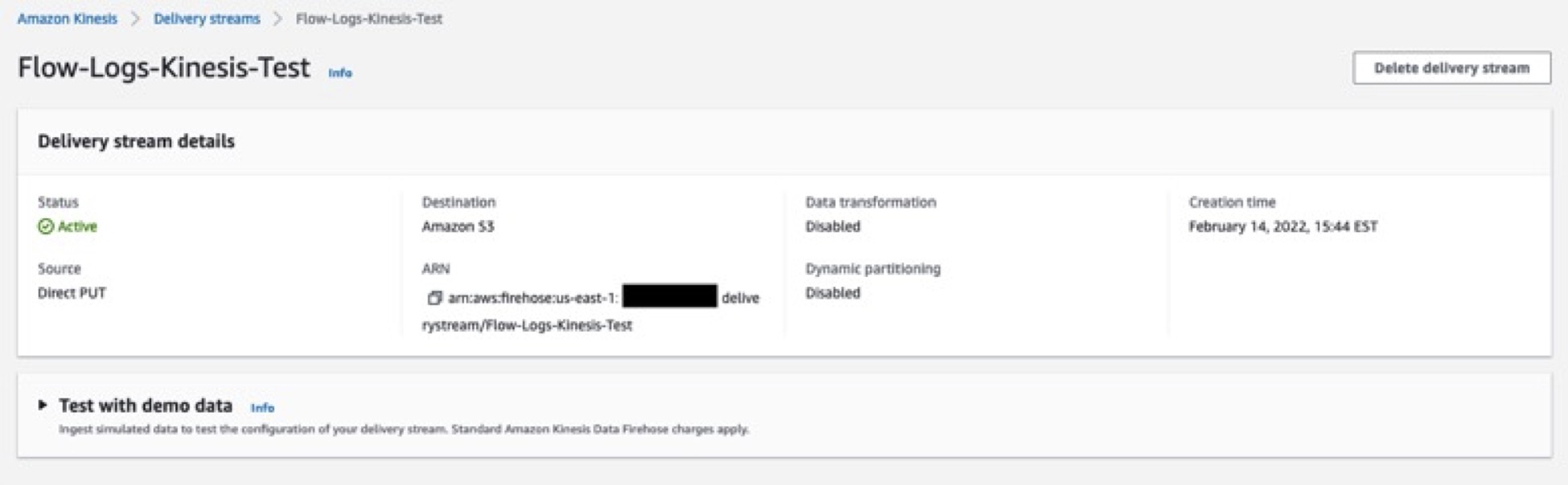 Figure 5 - Copy the ARN of the Kinesis Data Firehose data stream