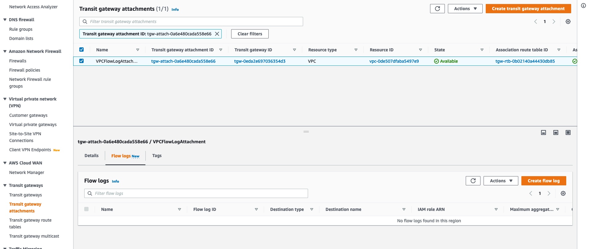 Select attachment and create flow log