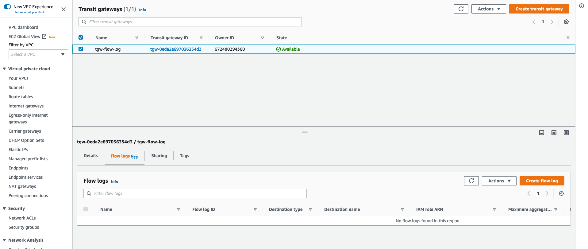 Select Transit Gateway and create flow log