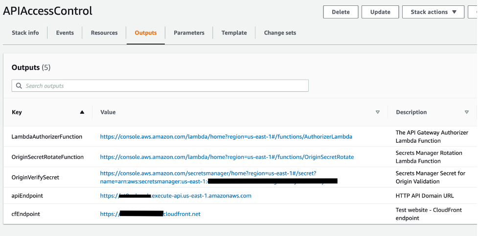 Cloudformation stack output showing the cf Endpoint variable providing the url of the cloudfront distribution