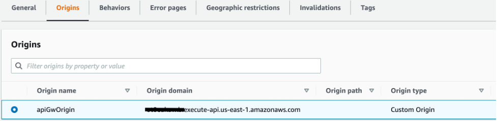 Snapshot of cloudfront origins tab showing the API Gateway URL setup as the origin