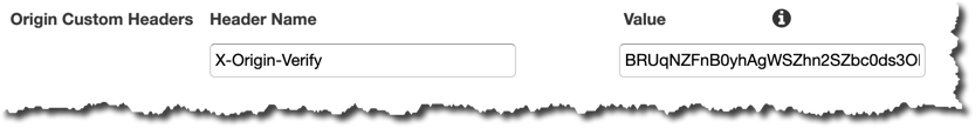 Snapshot o the Cloudfront origin settings showing the custom header X-Origin-Verify with the token value used for authorization