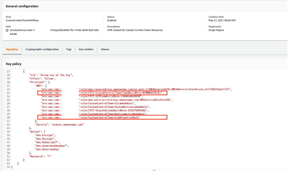 KMS Key Policy with CodeBuild and CodePipeline role permissions