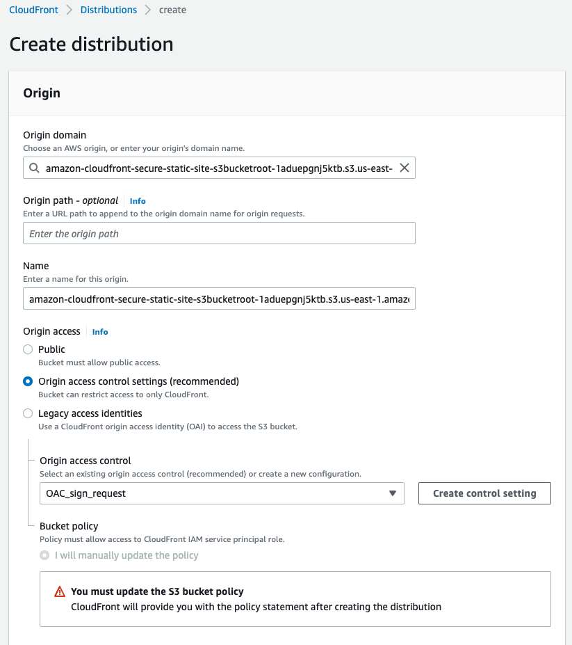 Configure origin access when creating a distribution