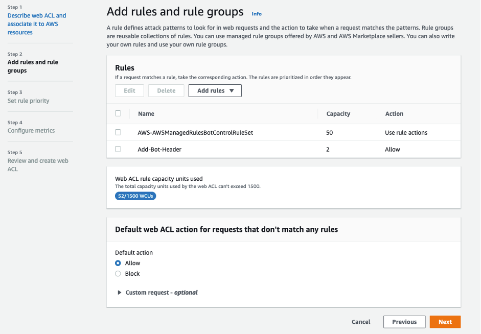 Screenshot showing two WAF rules (one managed, one custom), with the default action set to Allow