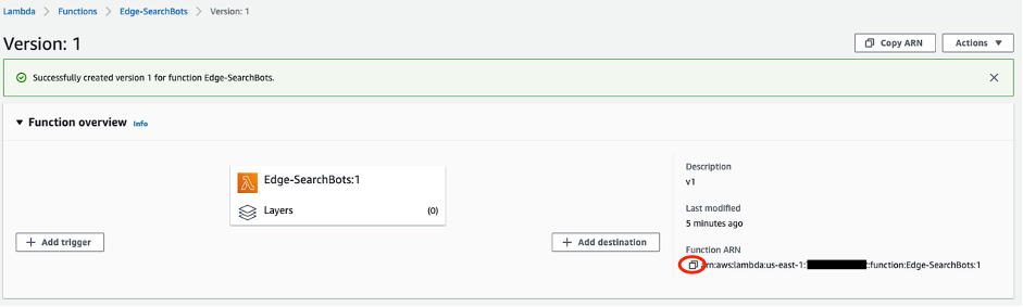 Screenshot showing the function overview with version selected. The copy button for the function ARN is circled in red.