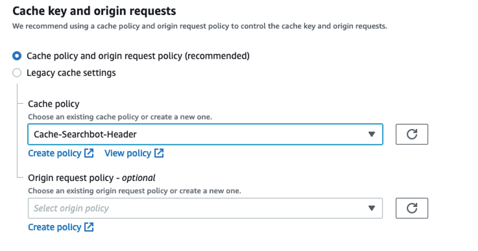 Screenshot showing the custom cache policy selected in CloudFront