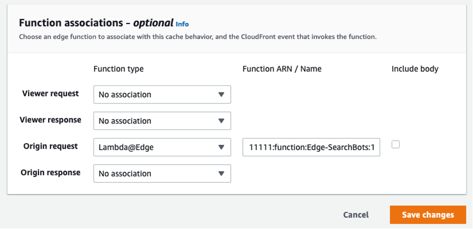 Screenshot showing the sample Lambda@Edge function associated with Origin Request