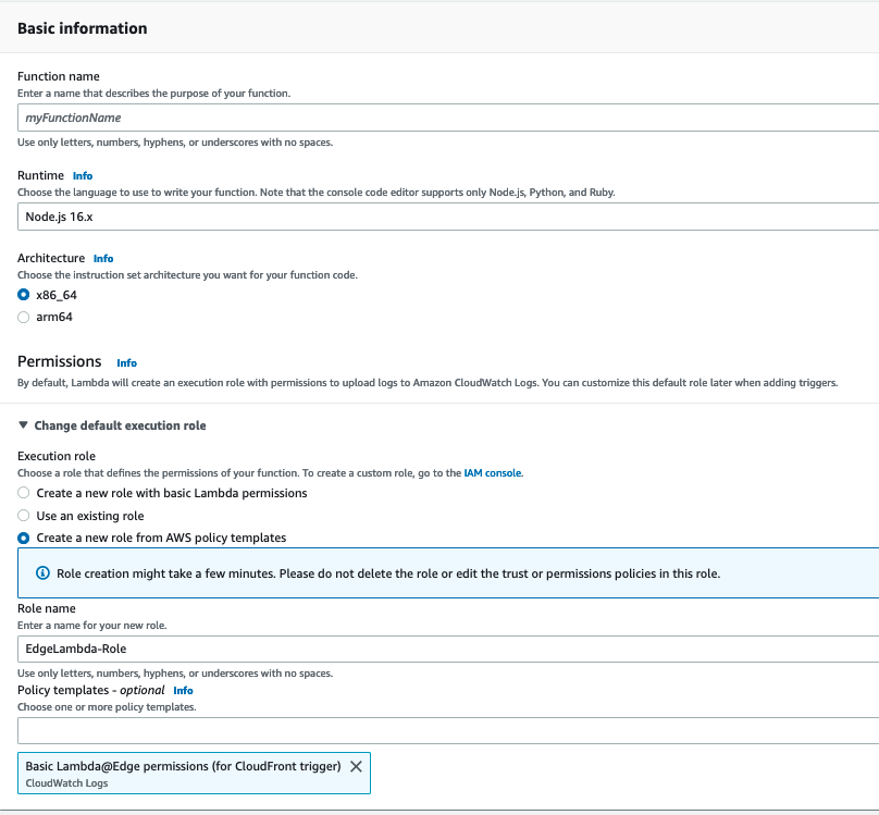 Screenshot showing the create function page with example values inserted