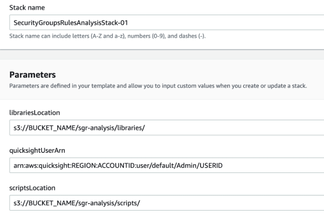 Snapshot of CloudFormation Template stack name and parameters