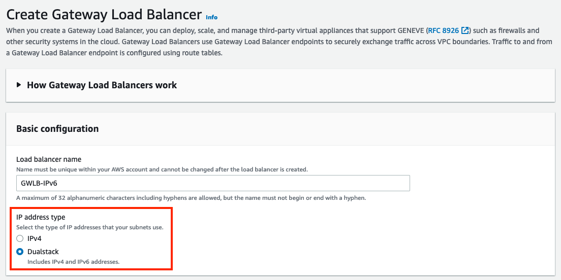 Creating a GWLB with Dualstack option highlighted