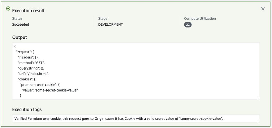 Figure 7. CloudFront Function's response when requested with premium cookie