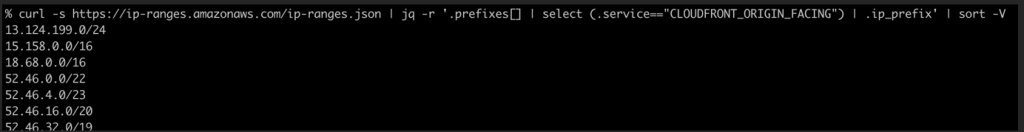 Figure 1 Retrieve CloudFront IP prefixes using curl, jq and sort