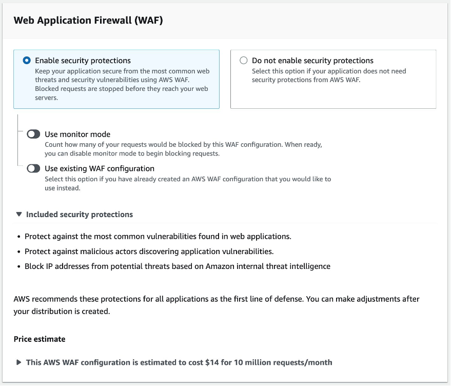 Figure showing the security protection configuration for the CloudFront distribution