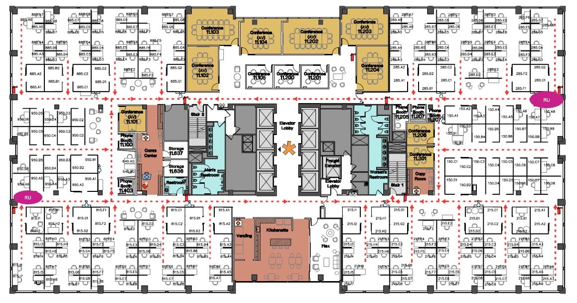 Typical office high rise building layout with two deployed radio units providing floor coverage