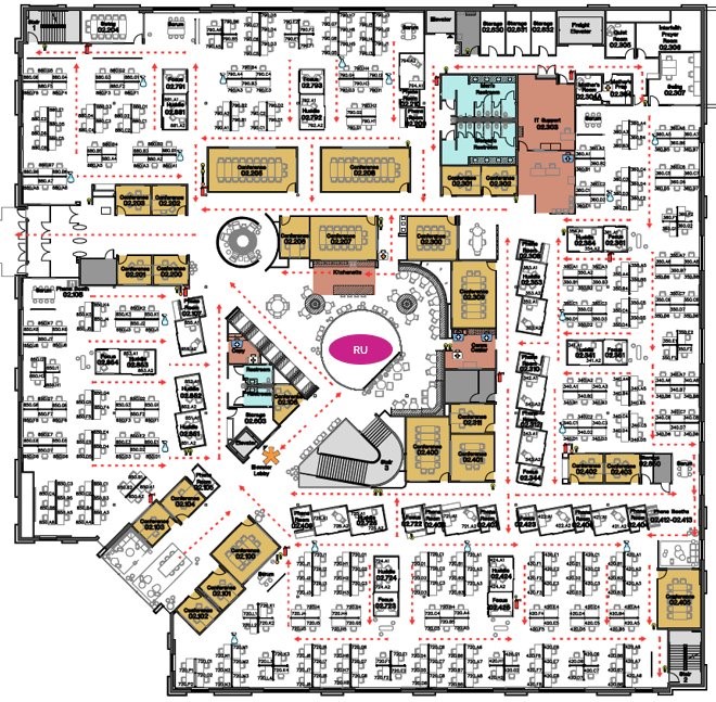 Typical office building layout, high ceilings with one deployed radio unit providing floor coverage