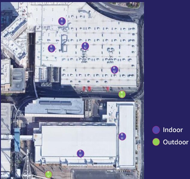 re:Invent 2022 radio unit placements, both indoors and outdoors, used for handover coverage testing of multiple radio units