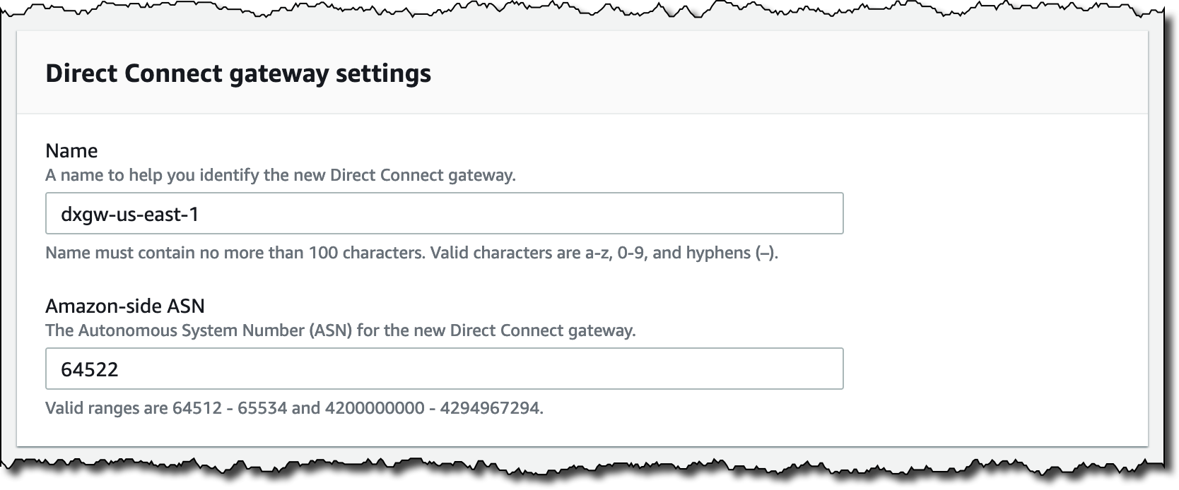 Screenshot showing Direct Connect gateway name and ASN settings