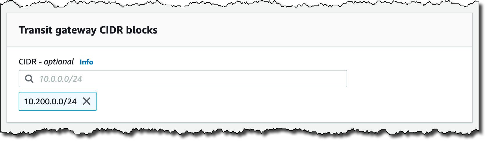 Screenshot showing addition of a CIDR block to a transit gateway