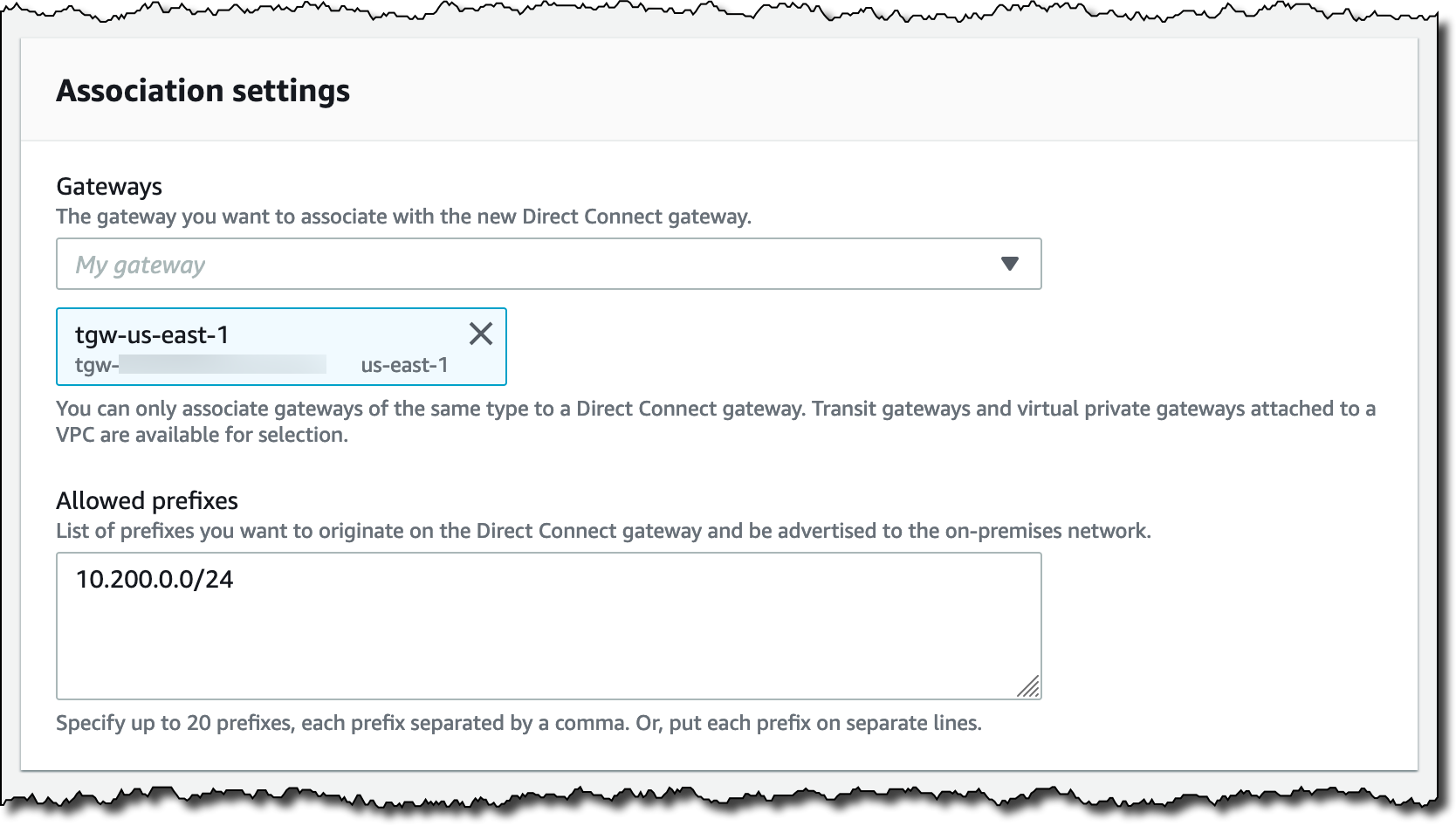 Screenshot showing association of transit gateway to Direct Connect gateway