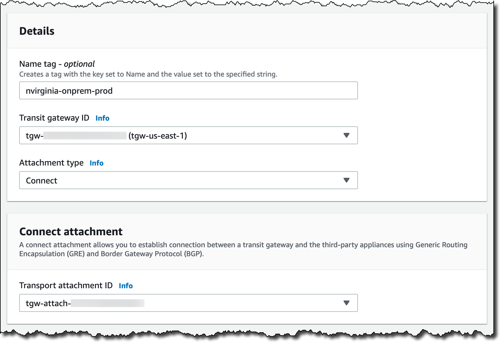 Screenshot showing settings required to create Transit Gateway connect attachment