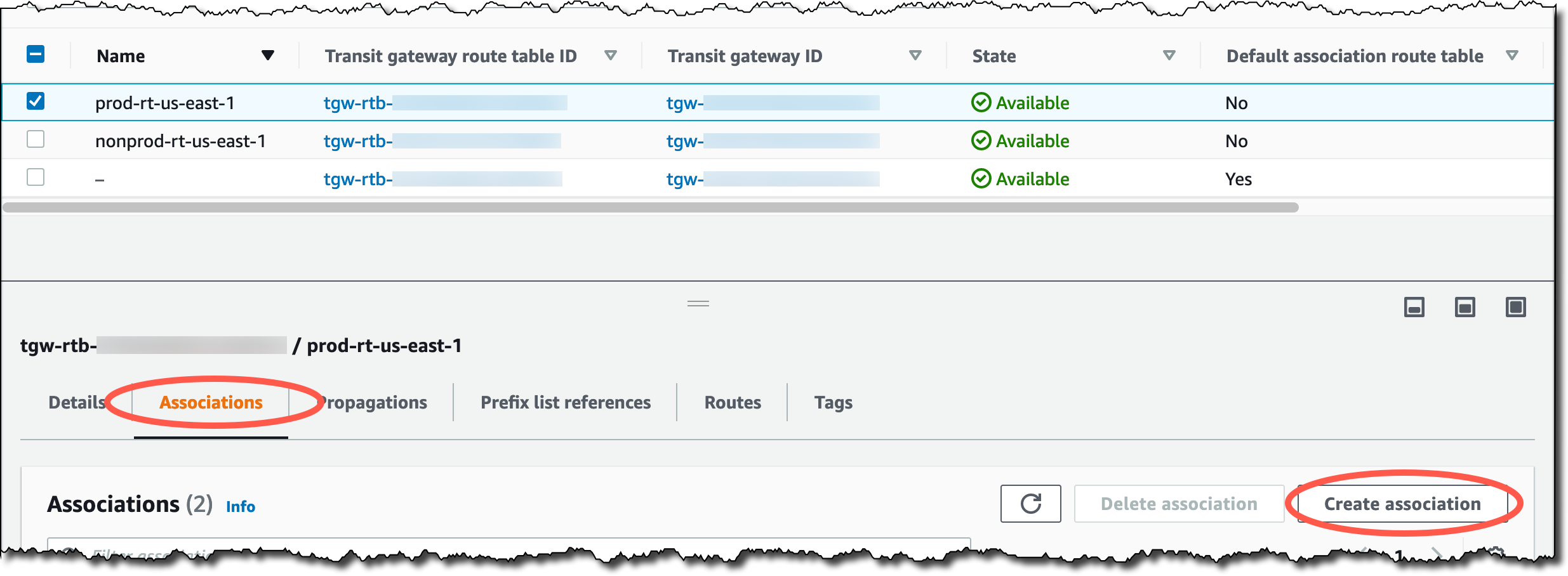 Screenshot showing location of create association button