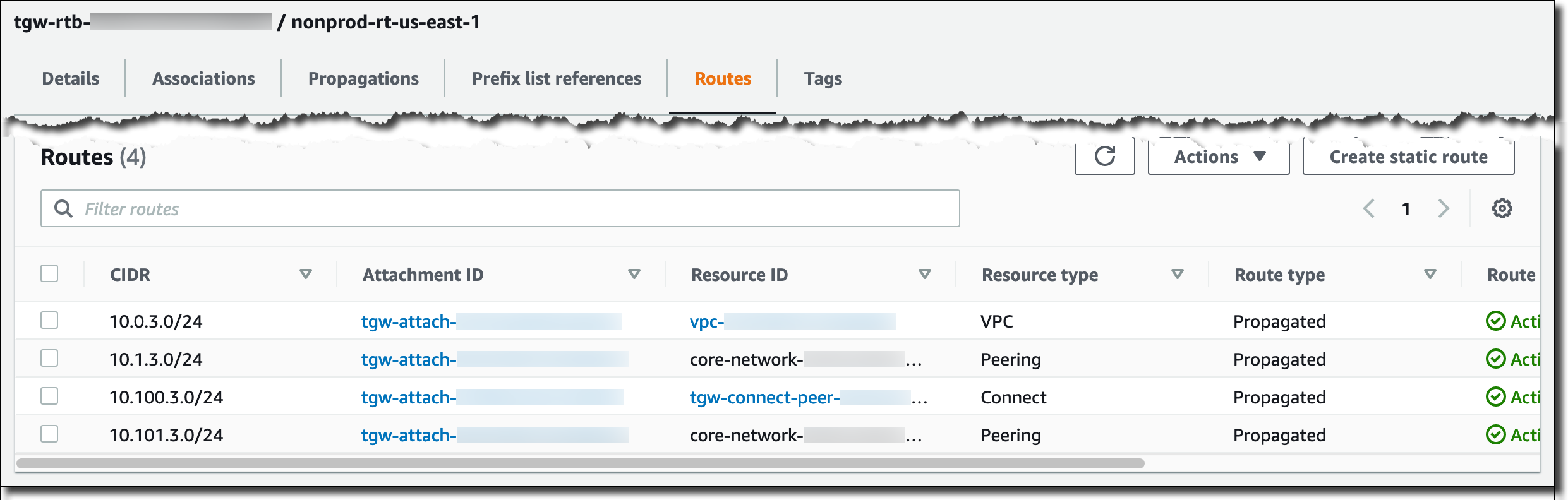 Screenshot showing routes in us-east-1 transit gateway non-prod route table