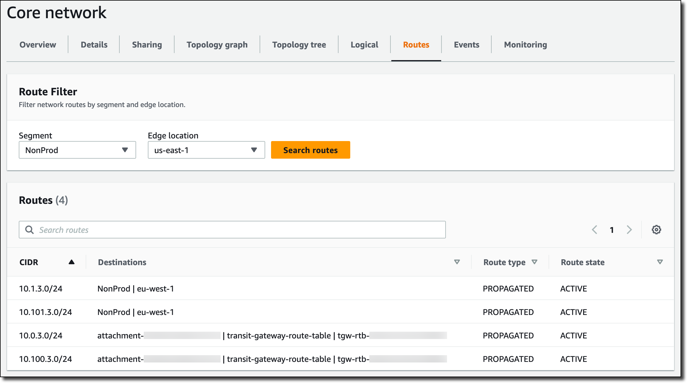 Screenshot showing routes in us-east-1 Cloud WAN non-prod segment