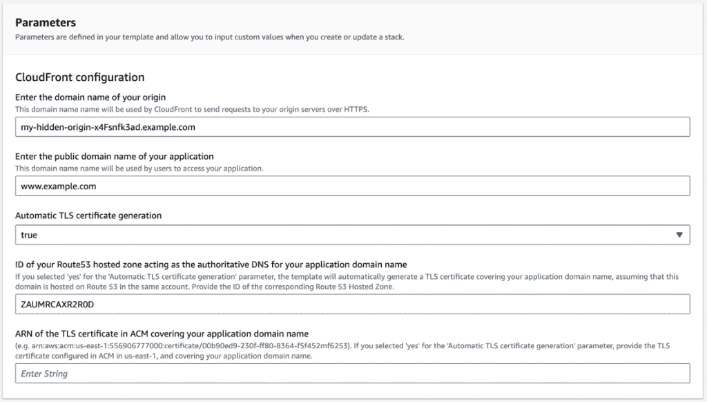 Example of parameters entered in the CloudFormation template 