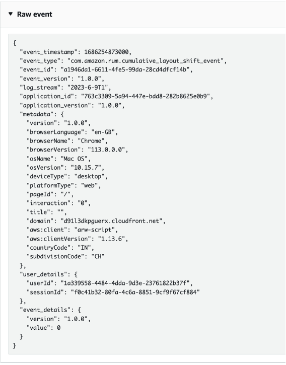 Screenshot of example of RUM raw log entry