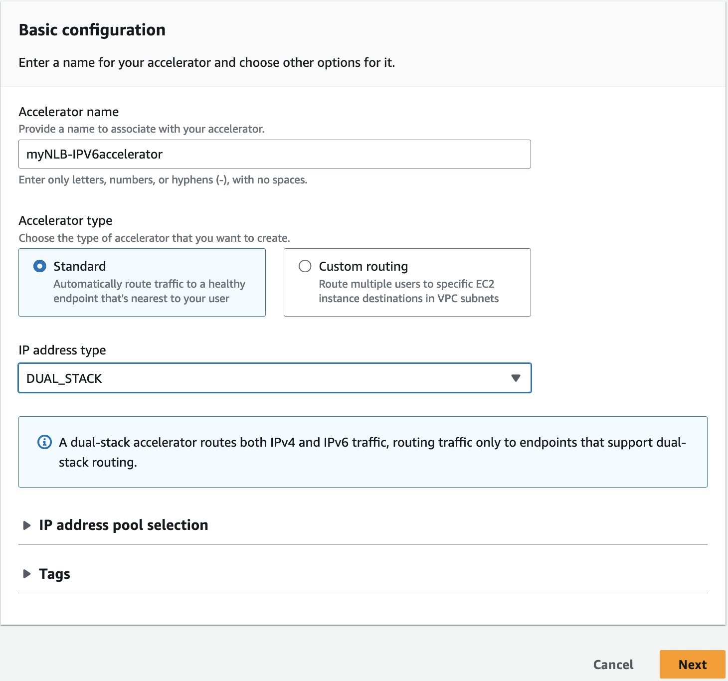 Global Accelerator dual-stack basic configuration