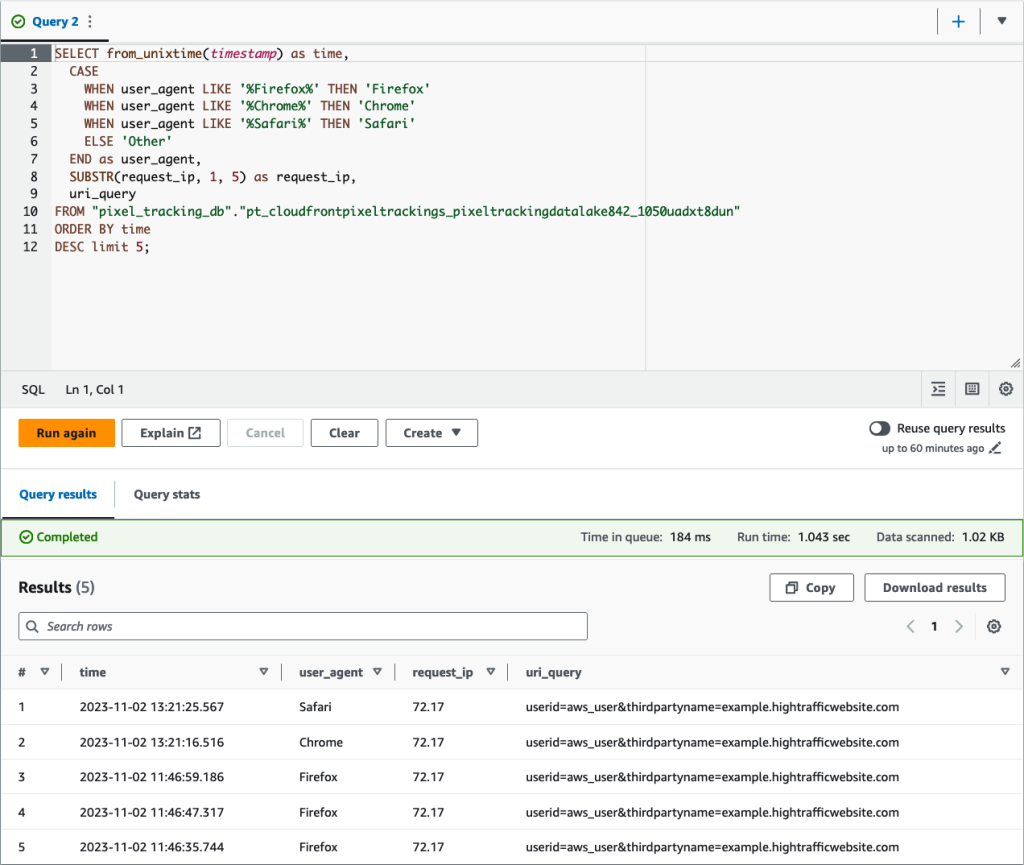 AWS console for Athena show query editor with SQL results from pixel tracking database.