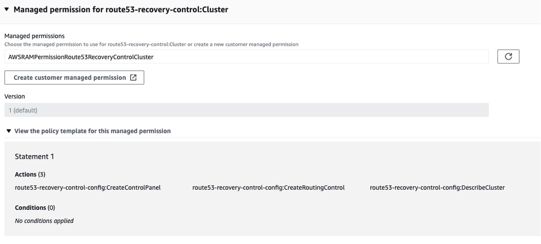 Console screenshot of AWS managed permissions from the AWS RAM.