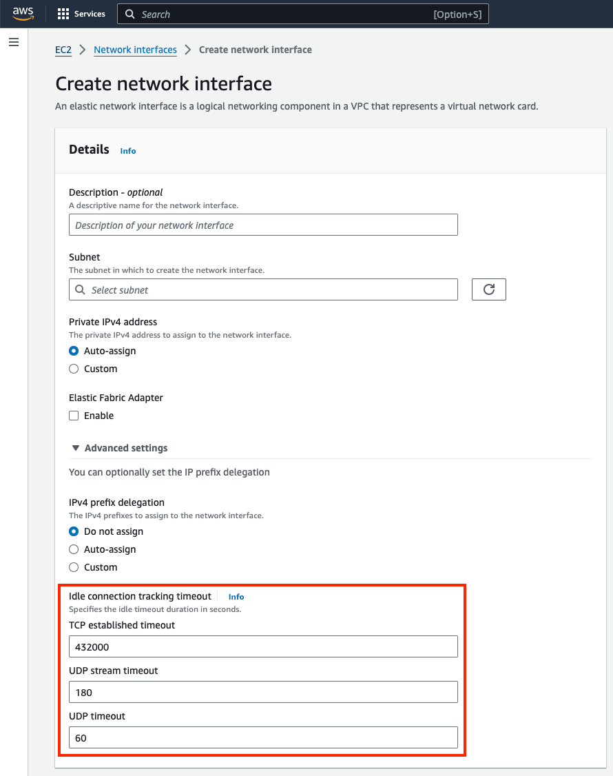 AWS Management console example to show how to modify idle connection tracking timeouts when creating network interface. This displays the options for the three states that can be edited and includes info section with default, min and max timeouts.