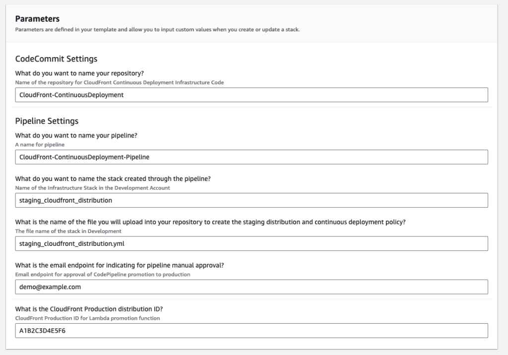 Shows parameters ended into AWS CloudFormation used in deploying the pipeline.yml template.