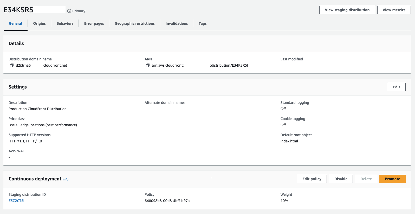 AWS CloudFront production distribution with newly created Continuous deployment policy attached.