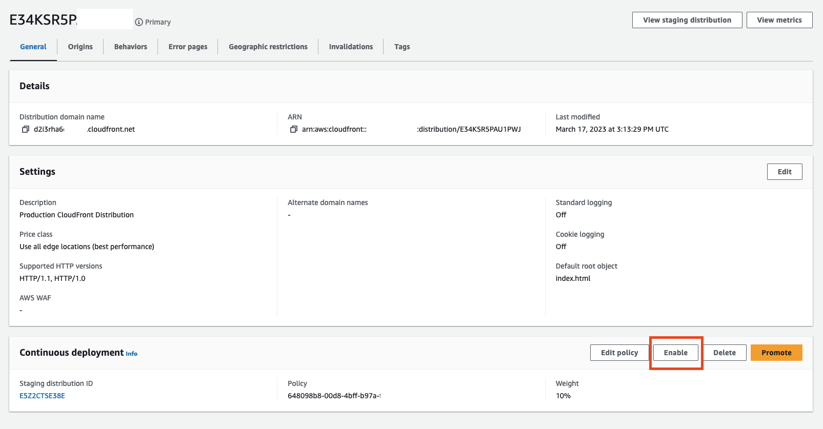 AWS CloudFront Continuous deployment policy disabled on production distribution within AWS console.