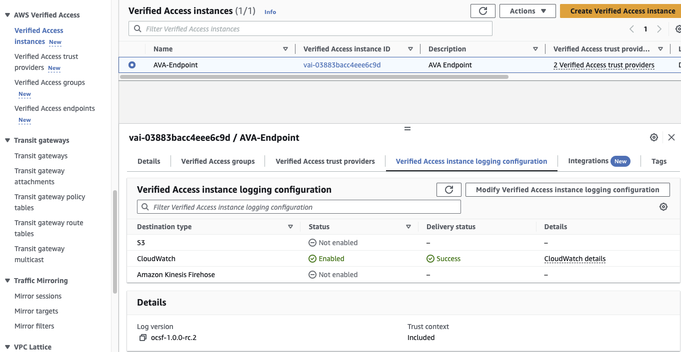 Verified Access instances – Instance logging configuration. Under instance logging configuration users can validate that send to CloudWatch Logs and Trust context is included. This is necessary in order for Policy assistant to return the latest authorization log. The authorization log is used evaluate changes to the existing policies.