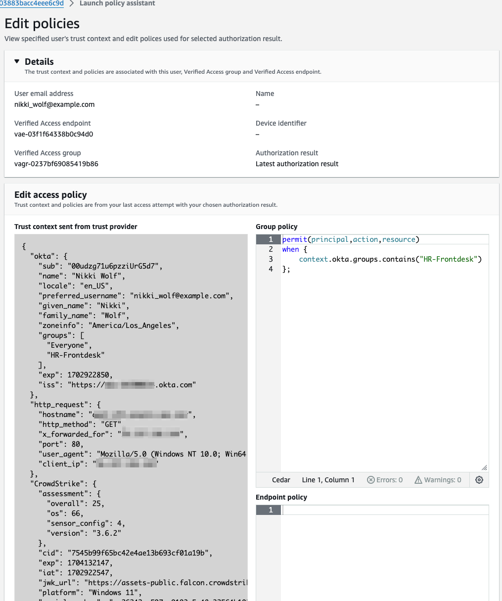 Policy assistant – Edit policies. Policy assistant retrieves the latest authorization result from the CloudWatch Logs. In the logs the context data is displayed. Policy assistant also retrieves the production policies. With this the user is able to fine-tune the existing policy to provide the expected result. Pass/deny.