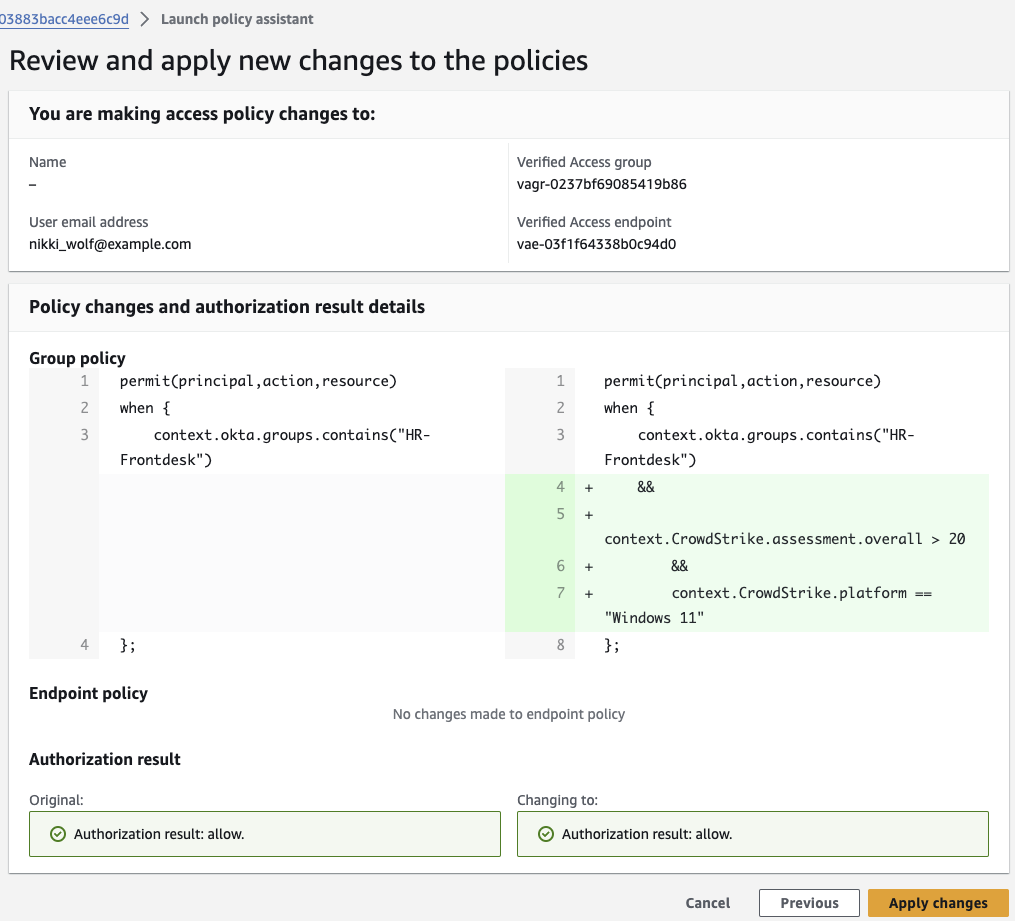 Policy assistant – Push policy changes. As a final optional step, the user can review the changes to the existing policy and elect to apply the changes to the production policy.