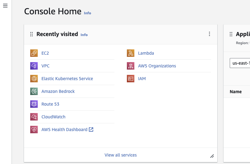 AWS Console. Users can select navigate to various AWS services from the console. In the context of this blog, the user would select the VPC service to reach the AWS Verified Access feature