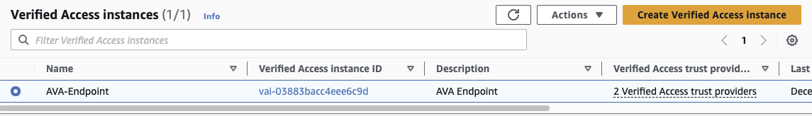 Verified Access instances. Click on the Verified Access instance ID for the corresponding Verified Access Instance which is providing access to the web application