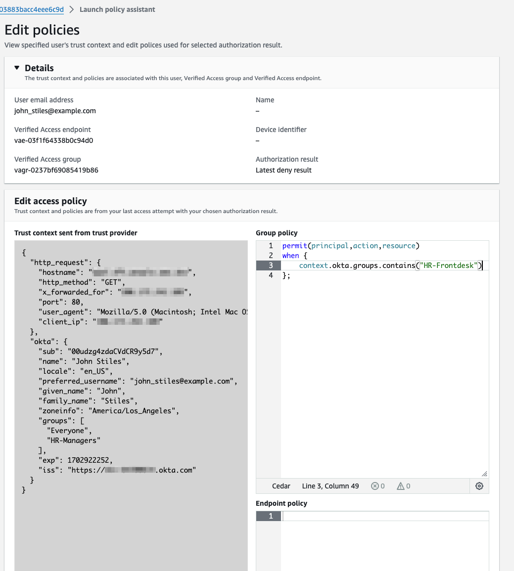 Policy assistant – Review policies. Policy assistant retrieves the latest deny result from the CloudWatch Logs. In the logs the context data is displayed. Policy assistant also retrieves the production policies. With this the user is able to validate the reason for the deny.