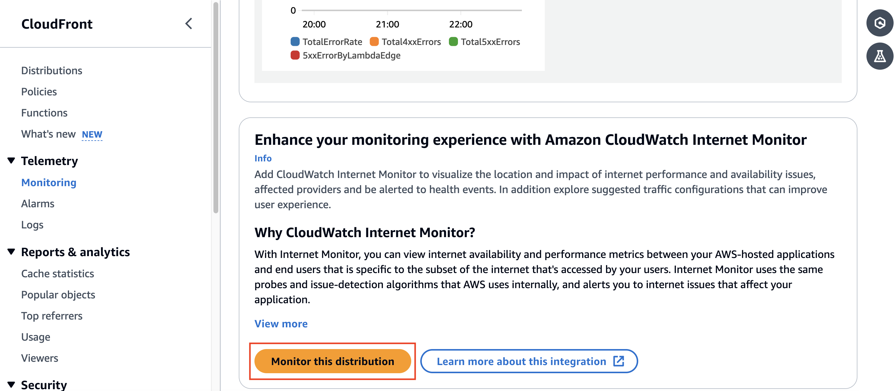 Screenshot of the CloudFront console Distribution metrics page with the Internet Monitor section.